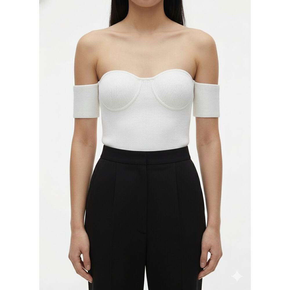 NWT Helmut Lang White Ribbed Knit Off-Shoulder Bustier Top Size M Blouse